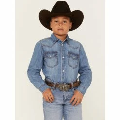 Best Pirce 😀 Cody James Boys' Cave Creek Long Sleeve Snap Western Denim 👚 Shirt Medium Wash 🎁