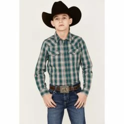 New 😀 Cody James Boys' Plaid Print Long Sleeve Snap Western 👕 Shirt Blue 🔥