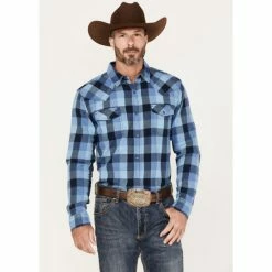Promo 🎁 Cody James Men's Snake River Check Plaid Snap Western Flannel 👕 Shirt Navy 🔔