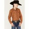 Buy 🥰 Cody James Boys' Southwestern Stripe Print Long Sleeve Snap Western 👕 Shirt Brown 👏