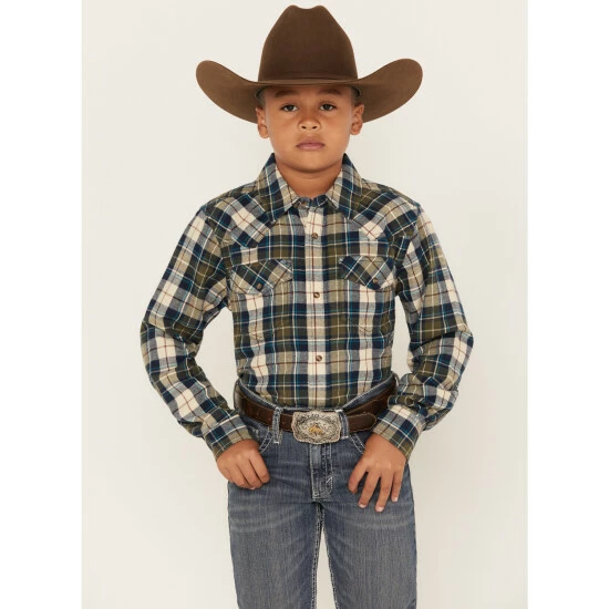 Promo ๐ Cody James Boys' Plaid Print Long Sleeve Snap Western Flannel ๐ Shirt Tan ๐คฉ