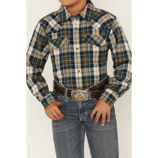 Promo ๐ Cody James Boys' Plaid Print Long Sleeve Snap Western Flannel ๐ Shirt Tan ๐คฉ - Image 3