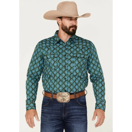 Buy 🔥 Cody James Men's Tavern Geo Print Long Sleeve Western 👕 Shirt Dark Green 🌟