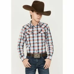 Brand new ❤️ Cody James Boys' Plaid Print Long Sleeve Western Snap 👚 Shirt Cream 😉