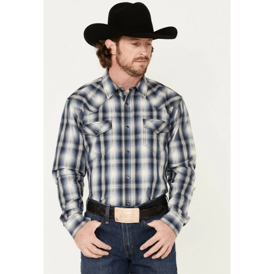 Best Pirce 🔥 Cody James Men's Trailblazer Plaid Print Long Sleeve Western Snap 👕 Shirt Blue 😀