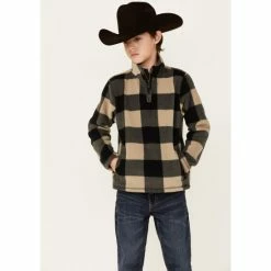 Outlet ✨ Cody James Boys' Tan Lumber Jack Buffalo Check 1/4 Zip Polar Fleece Pullover 👍
