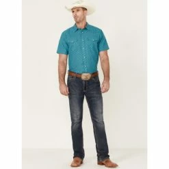 Outlet 🤩 Cody James Men's Field Day Chambray Geo Print Short Sleeve Snap Western 👕 Shirt Blue ✨