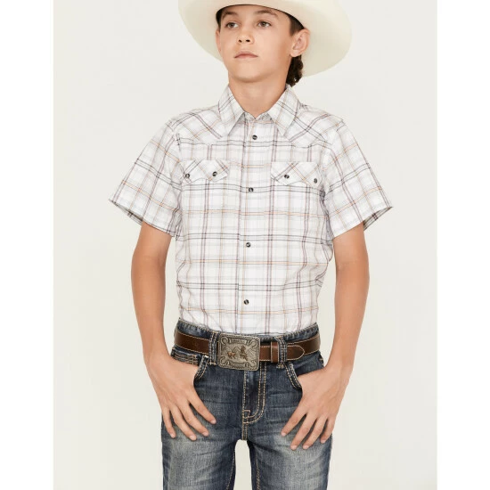 Flash Sale โ Cody James Boys' Plaid Print Short Sleeve Western Snap ๐ Shirt White ๐