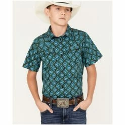 Cheapest ✨ Cody James Boys' Diamond Geo Print Short Sleeve Western Snap 👕 Shirt Dark Green 🔔