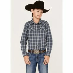 Deals โ Cody James Boys' Plaid Print Long Sleeve Western Snap ๐ Shirt Navy ๐