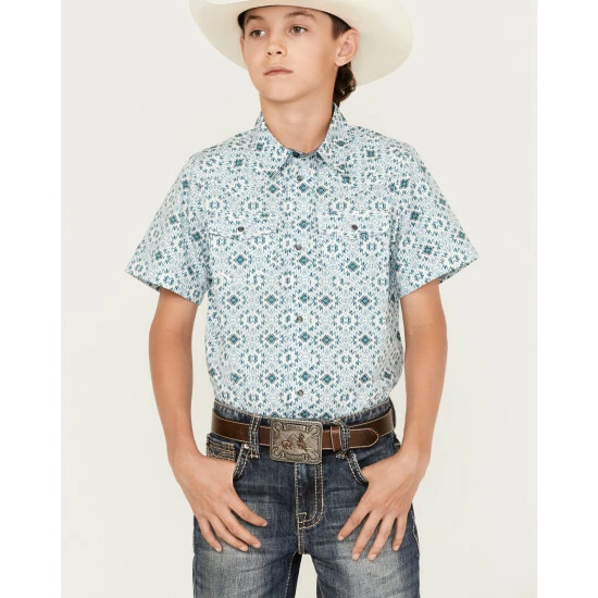 Best deal 👏 Cody James Boys' Southwestern Geo Print Long Sleeve Western Snap 👕 Shirt White ⭐