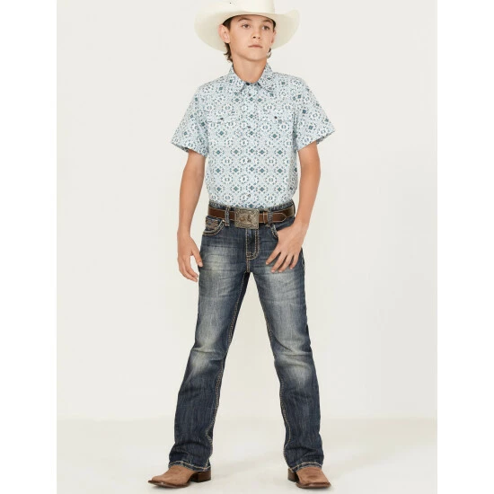 Best deal 👏 Cody James Boys' Southwestern Geo Print Long Sleeve Western Snap 👕 Shirt White ⭐ - Image 2