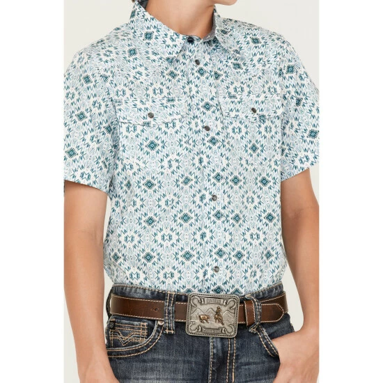 Best deal 👏 Cody James Boys' Southwestern Geo Print Long Sleeve Western Snap 👕 Shirt White ⭐ - Image 3