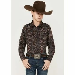 Best Pirce 🥰 Cody James Boys' Paisley Print Long Sleeve Snap Western 👚 Shirt Brown ⌛