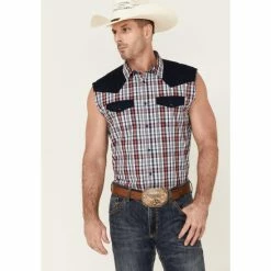Best deal ๐ฅ Cody James Men's Anthem Plaid Bubba Sleeveless Snap Western ๐ Shirt White โ๏ธ