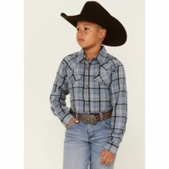 Outlet ⌛ Cody James Boys' Plaid Print Long Sleeve Snap Western Flannel 👚 Shirt Blue 😀