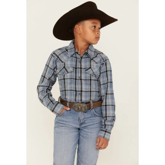 Outlet ⌛ Cody James Boys' Plaid Print Long Sleeve Snap Western Flannel 👚 Shirt Blue 😀 - Image 2