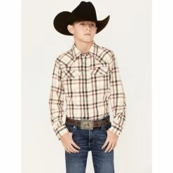 Best deal ⌛ Cody James Boys' Plaid Print Long Sleeve Western Snap Flannel 👕 Shirt Cream 🔥