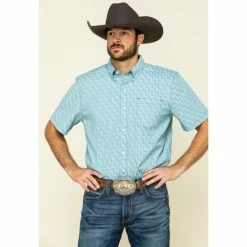Coupon 🎁 Cody James Core Men's Rodeo Clown Geo Print Short Sleeve Western 👚 Shirt Blue 😀