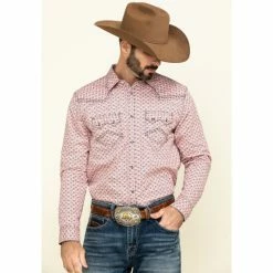 Best Sale 🛒 Cody James Men's Basket Case Geo Print Long Sleeve Western 👕 Shirt Coral ❤️