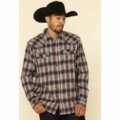 Deals 🥰 Cody James Men's High Plains Dobby Plaid Long Sleeve Western Flannel 👚 Shirt Burgundy/navy 🤩