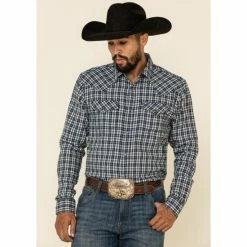 Deals 🔔 Cody James Men's Ash Small Plaid Long Sleeve Western Flannel 👚 Shirt Navy ⌛