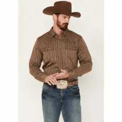 Cheap 🔥 Cody James Men's Railway Striped Long Sleeve Snap Western 👕 Shirt Brown ⭐