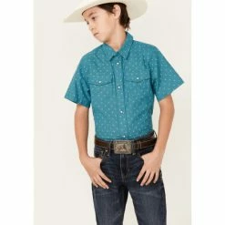 Budget ✨ Cody James Boys' Field Day Chambray Geo Print Short Sleeve Snap Western 👕 Shirt Blue 🛒
