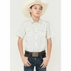 Promo 😍 Cody James Boys' Wallpaper Print Short Sleeve Western Snap 👚 Shirt Cream 🎉