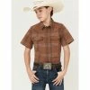 Top 10 🎉 Cody James Boys' Plaid Print Short Sleeve Snap Western 👚 Shirt Brown ❤️