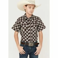 New 🛒 Cody James Boys' Medallion Print Short Sleeve Snap Western 👕 Shirt Multi 🧨